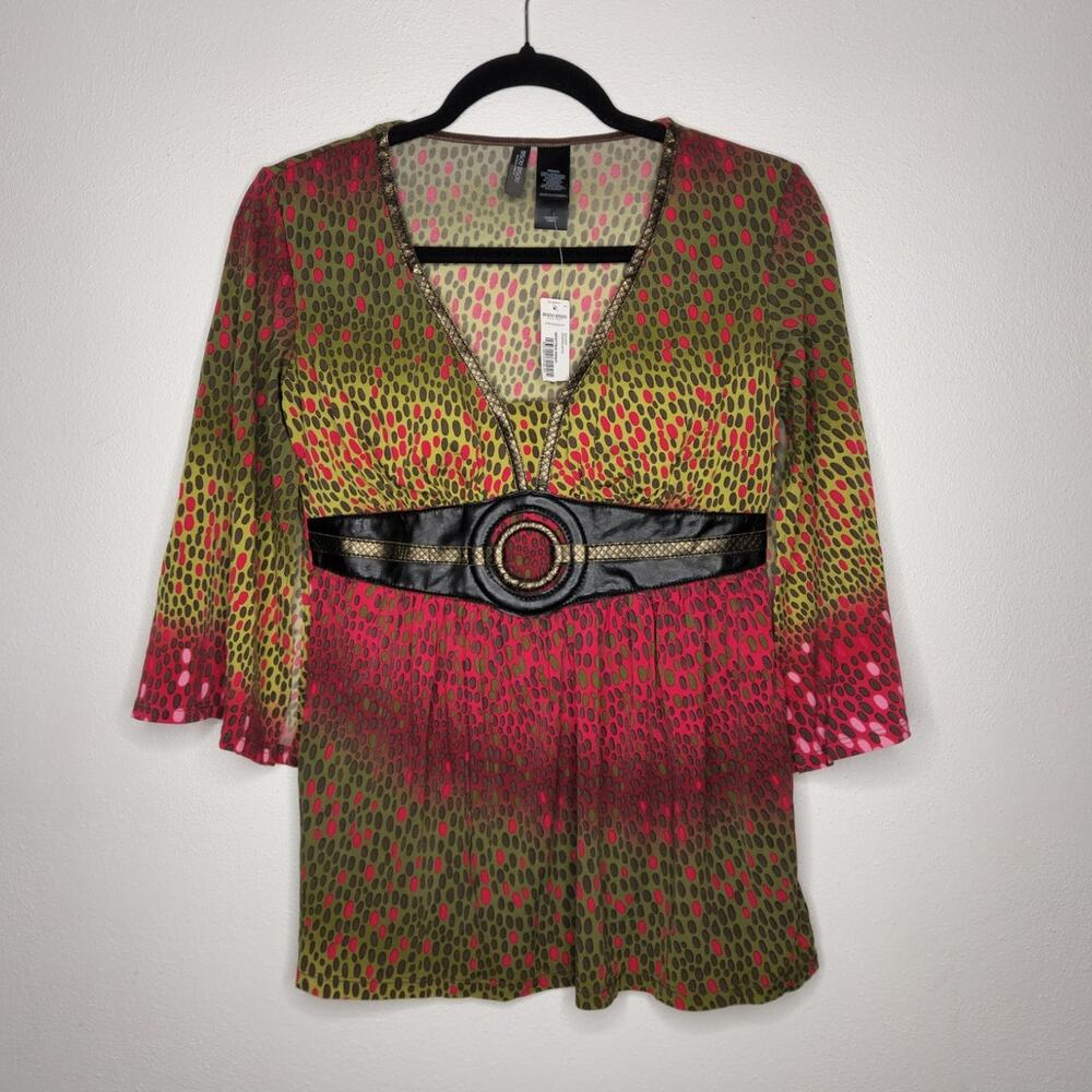 NWT Vintage y2k Bisou Bisou Boho Hippie Belted Shirt Top Art Polka XS